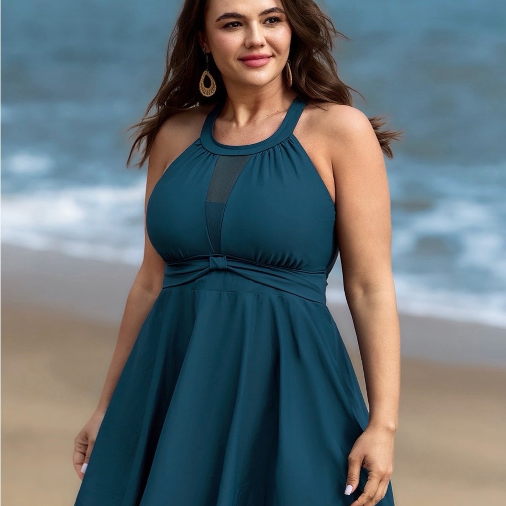 Teal Halter Swim Dress with Mesh Panel